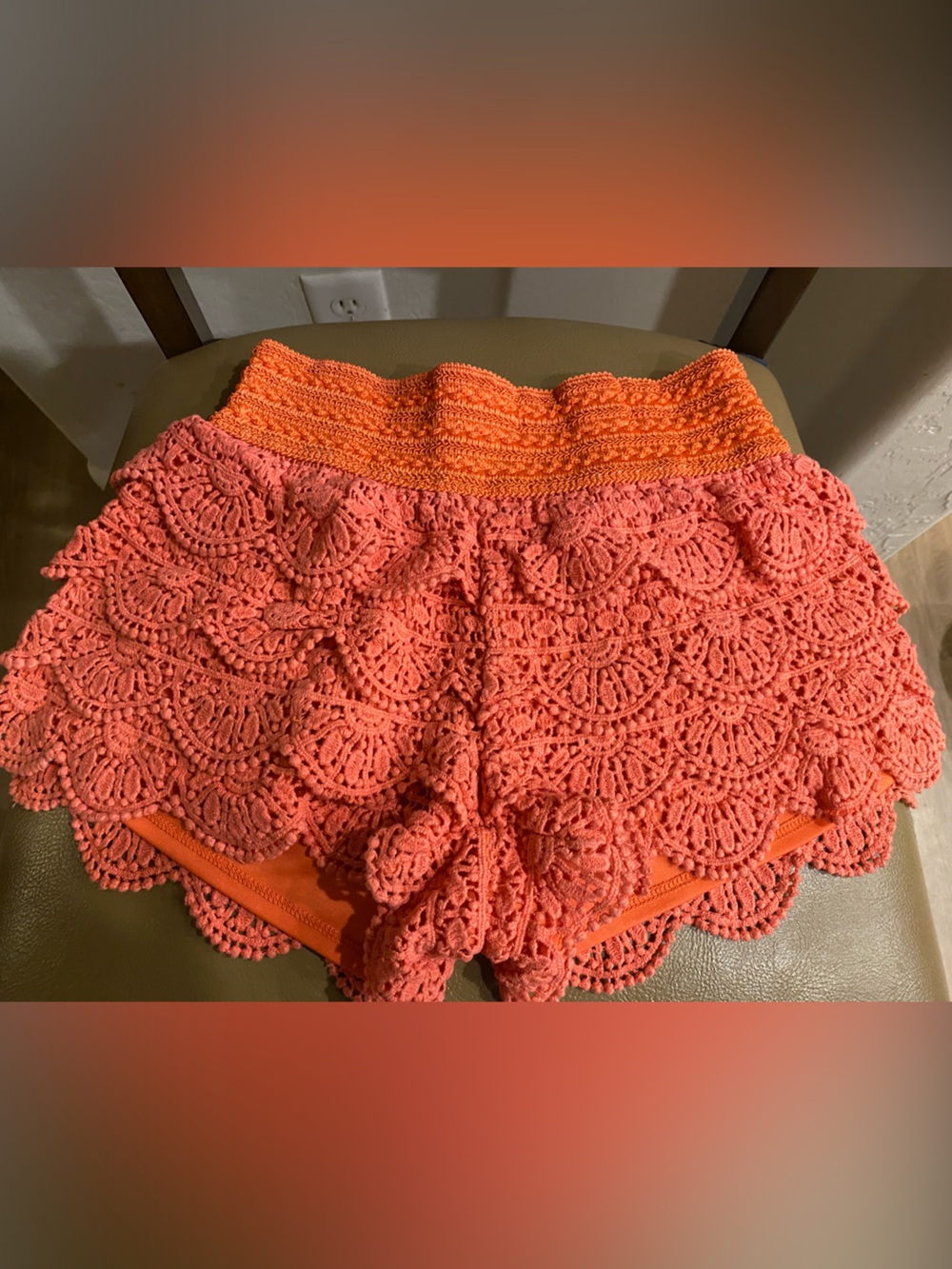 Rewind Coral Orange Crochet Scallop-Hem Shorts